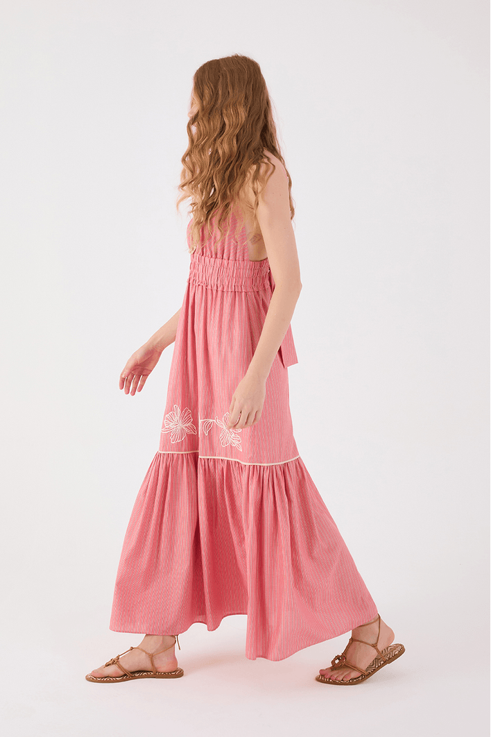 Vestido Cropped Algodão Listrado Bordado