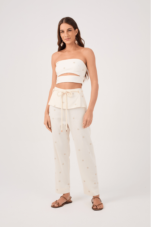 Calça Linho Bordado Lurex Sol