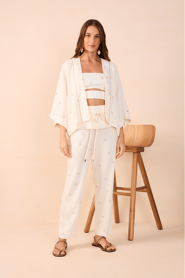 Calça Linho Bordado Lurex Sol