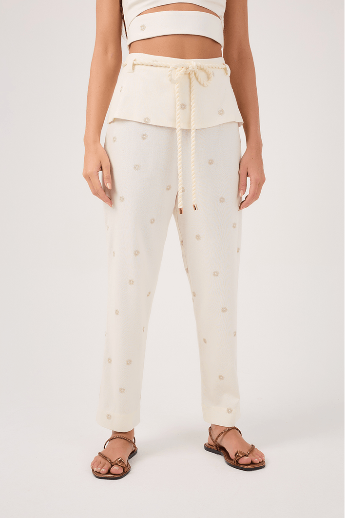 Calça Linho Bordado Lurex Sol