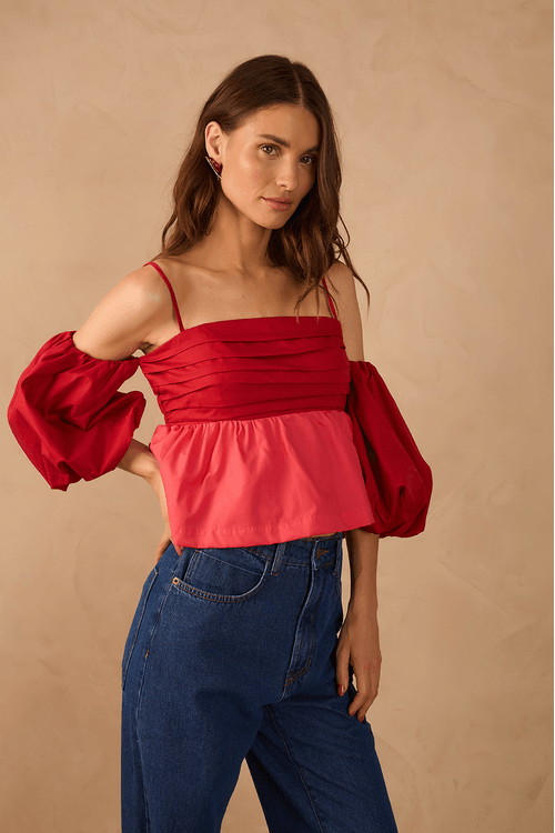 Blusa Algodão Bicolor Manga Balonê