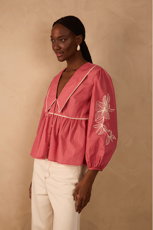 Blusa Algodão Listrado Bordado