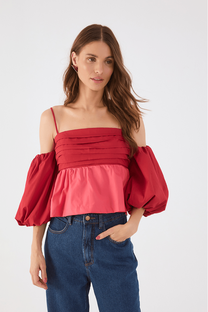 Blusa Algodão Bicolor Manga Balonê