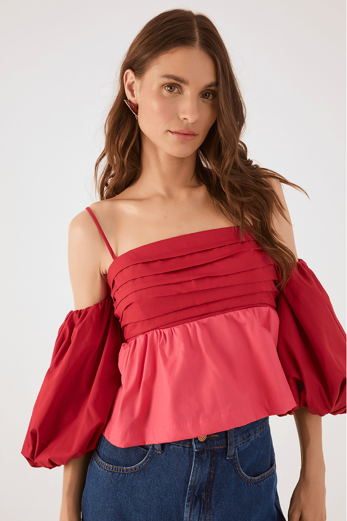Blusa Algodão Bicolor Manga Balonê
