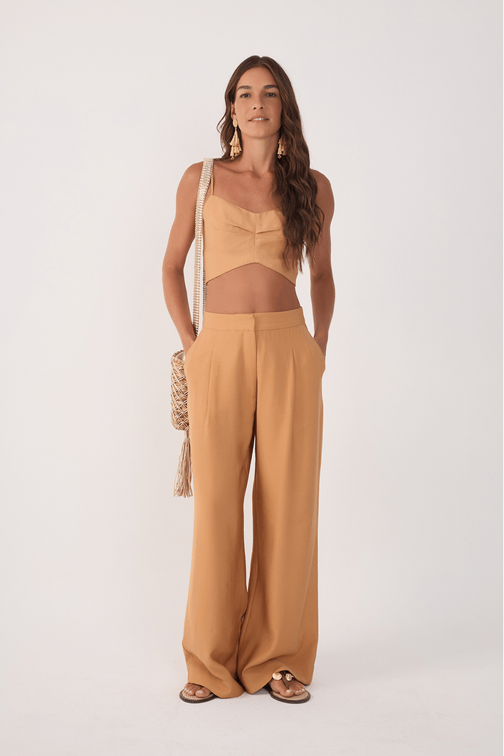 Calça Pregas Bolso Com Lapela