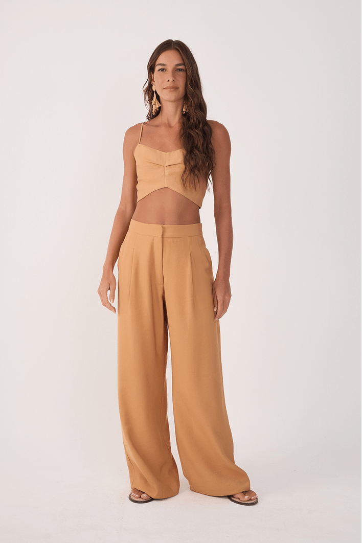 Calça Pregas Bolso Com Lapela