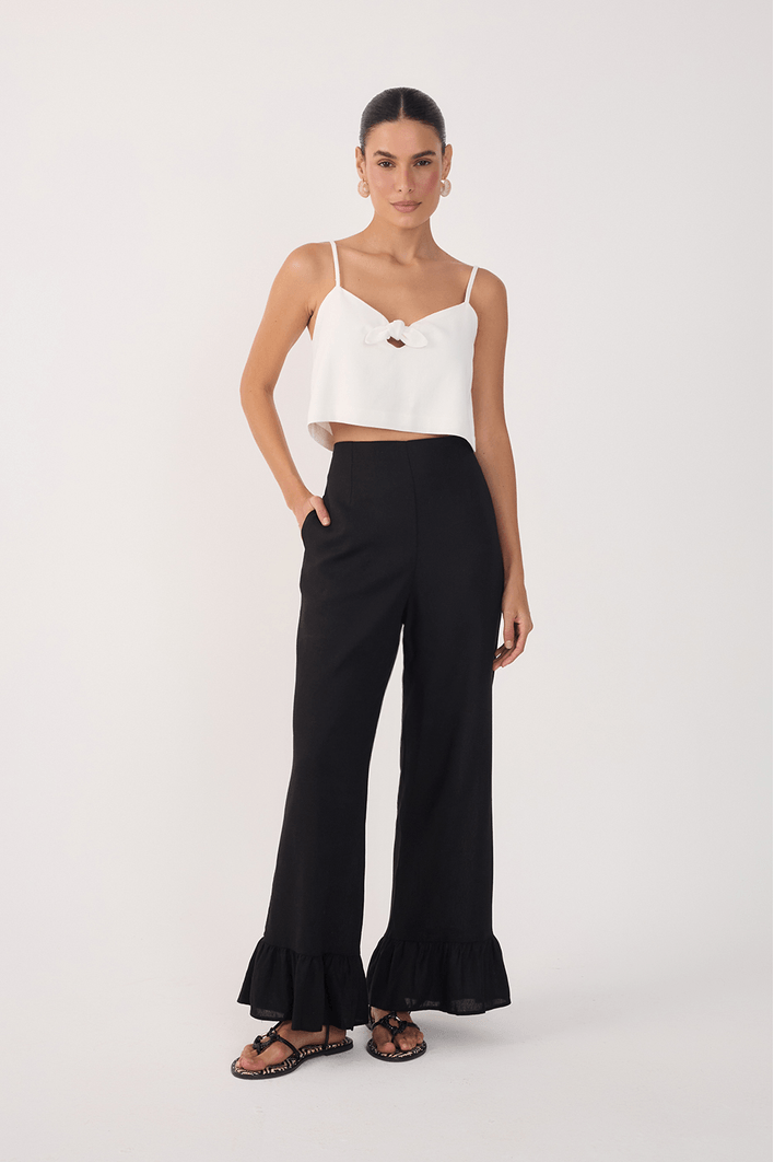 Calça Linho Reta Babados Barra