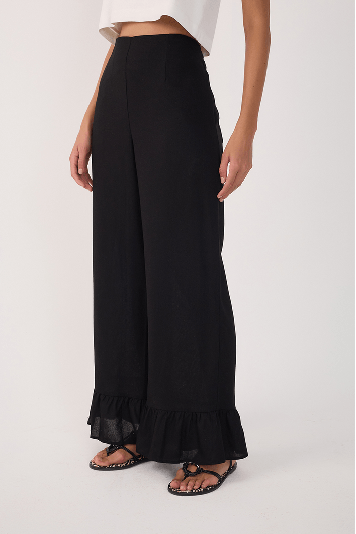 Calça Linho Reta Babados Barra