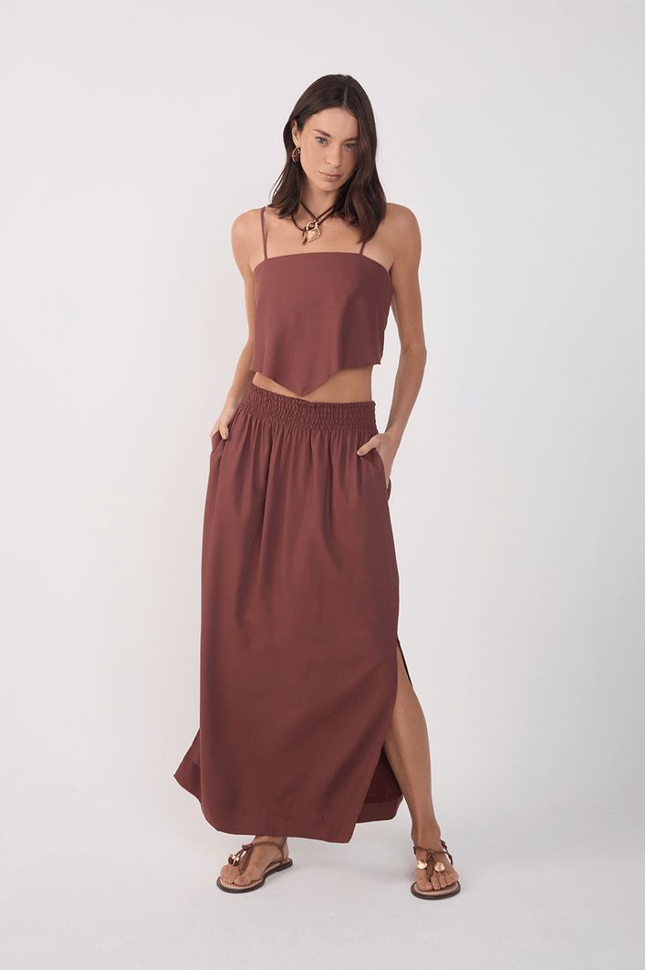 Saia Midi Linho Cós Lastex