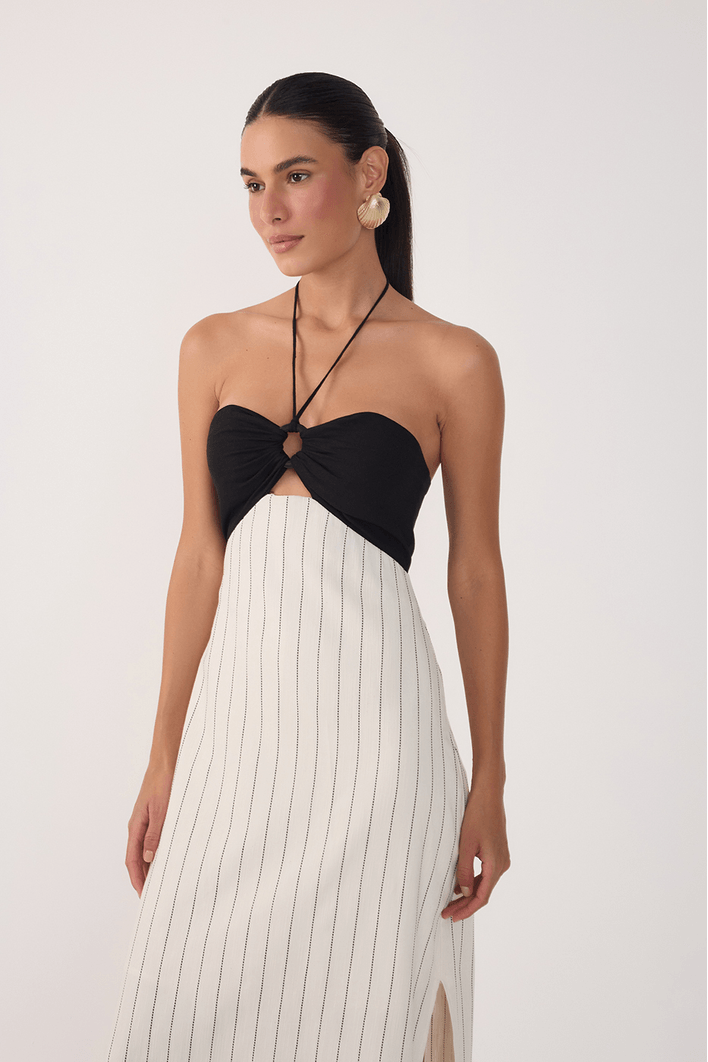 Vestido Midi Listras Argola Busto