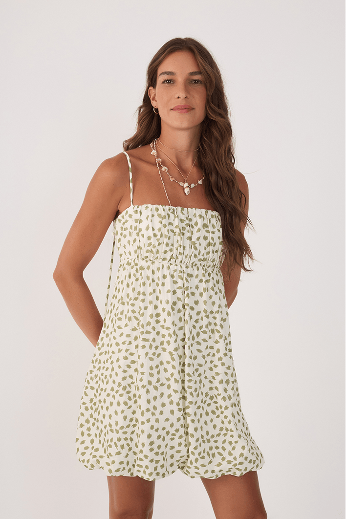 Vestido Balonê Estampa Poá Folhagem