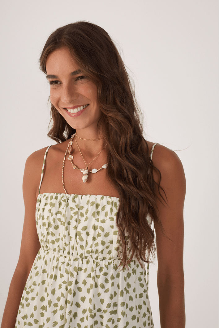 Vestido Balonê Estampa Poá Folhagem