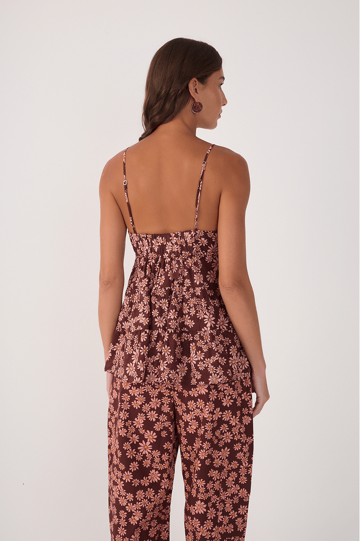 Blusa Recortes Estampa Margaridas Rosa