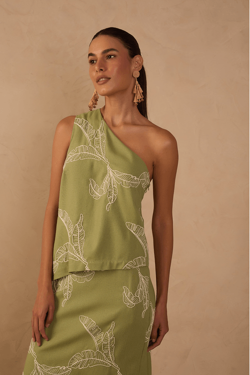 Blusa Linho Assimétrica Bordado Folhas
