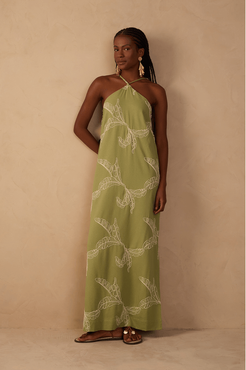 Vestido Cropped Linho Bordado Folhas