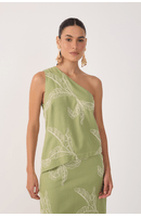 Blusa Linho Assimétrica Bordado Folhas