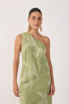 Blusa Linho Assimétrica Bordado Folhas