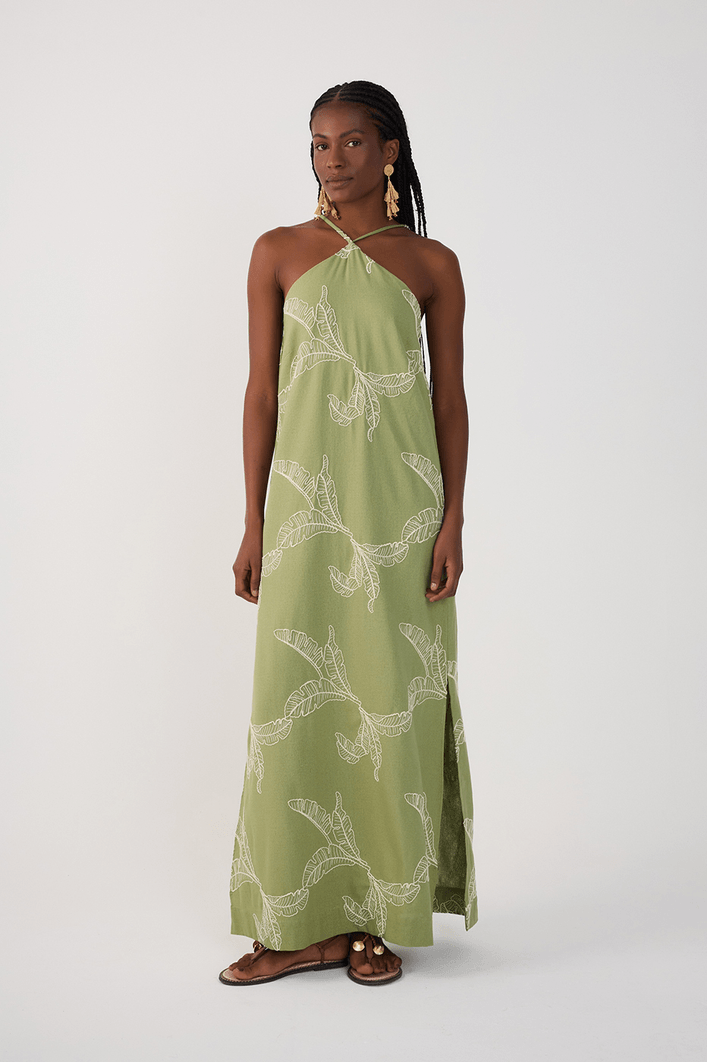 Vestido Cropped Linho Bordado Folhas