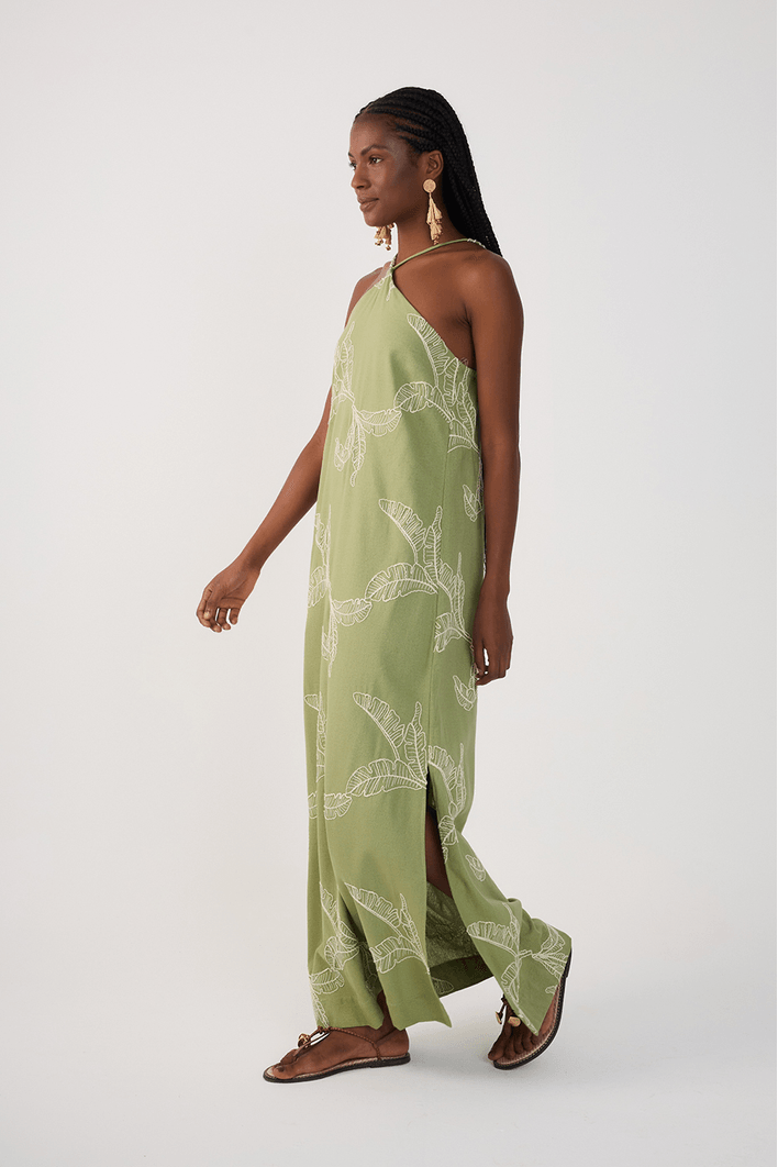 Vestido Cropped Linho Bordado Folhas