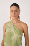 Blusa Linho Assimétrica Bordado Folhas