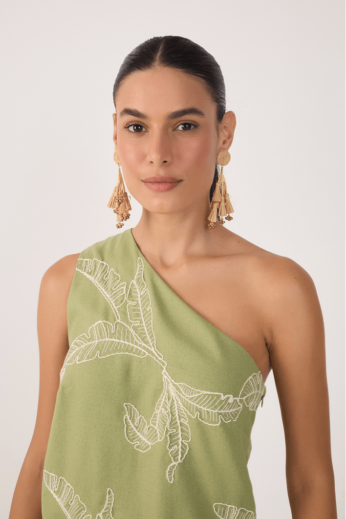 Blusa Linho Assimétrica Bordado Folhas