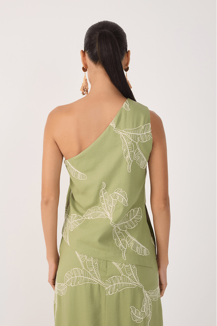 Blusa Linho Assimétrica Bordado Folhas