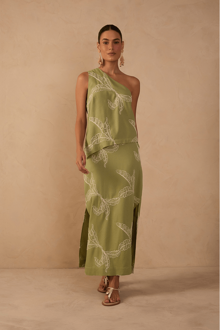Saia Cropped Linho Bordado Folhas