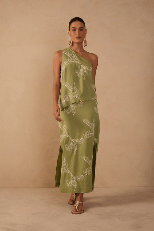 Saia Cropped Linho Bordado Folhas