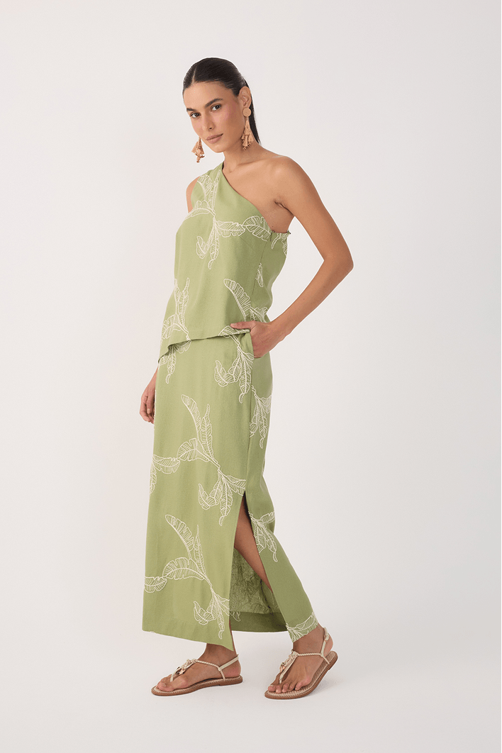 Saia Cropped Linho Bordado Folhas