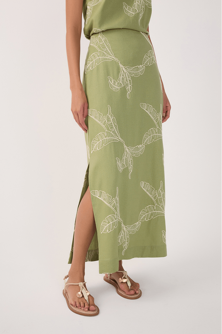 Saia Cropped Linho Bordado Folhas
