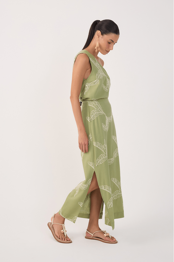 Saia Cropped Linho Bordado Folhas