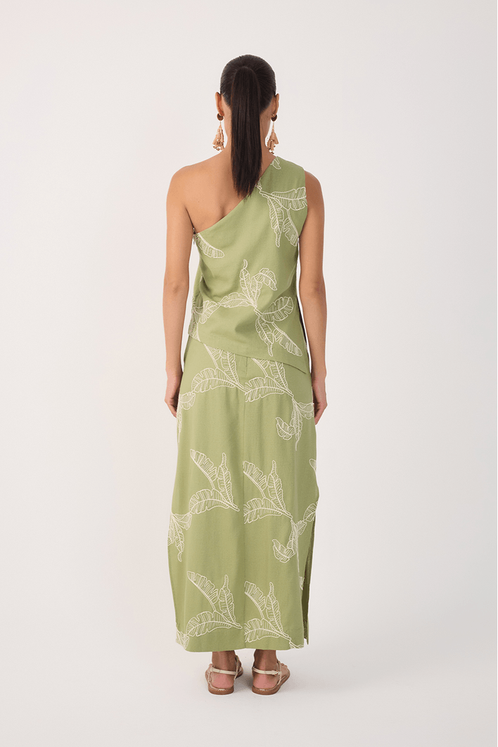 Saia Cropped Linho Bordado Folhas