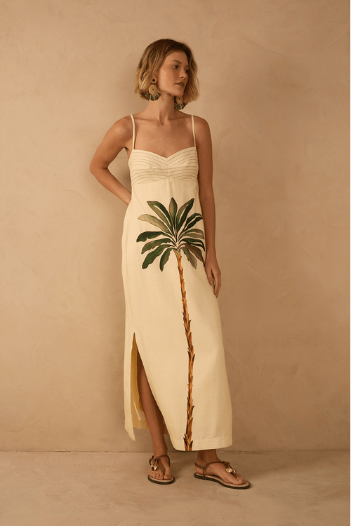 Vestido Midi Linho Estampa Tropicana