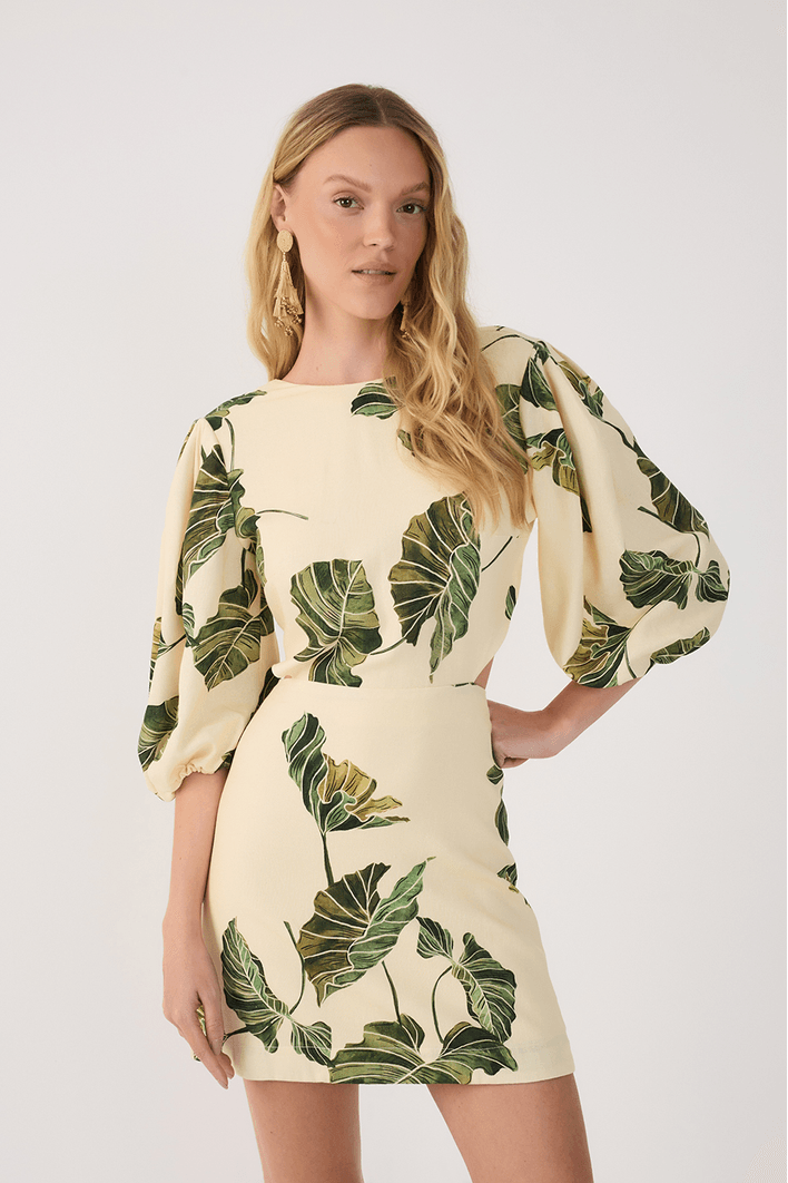 Vestido Linho Estampa Folhar