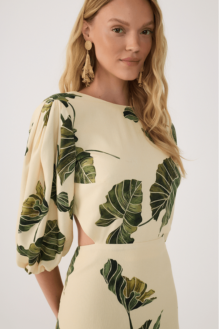 Vestido Linho Estampa Folhar