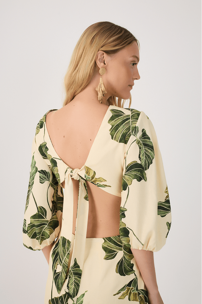 Vestido Linho Estampa Folhar