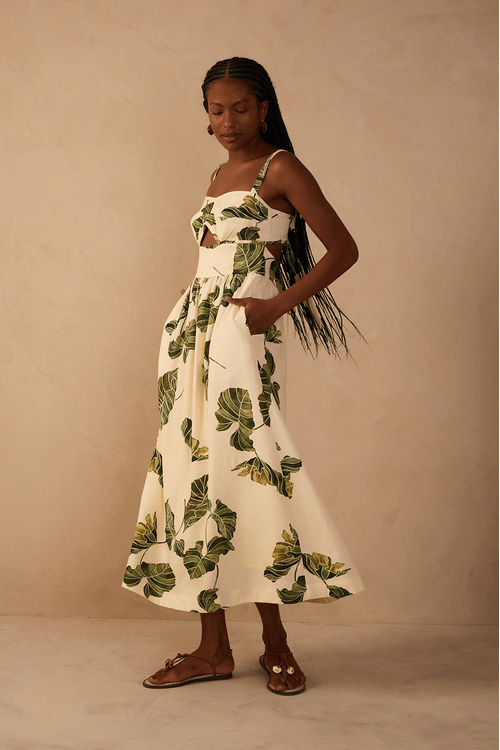 Vestido Midi Linho Estampa Folhar