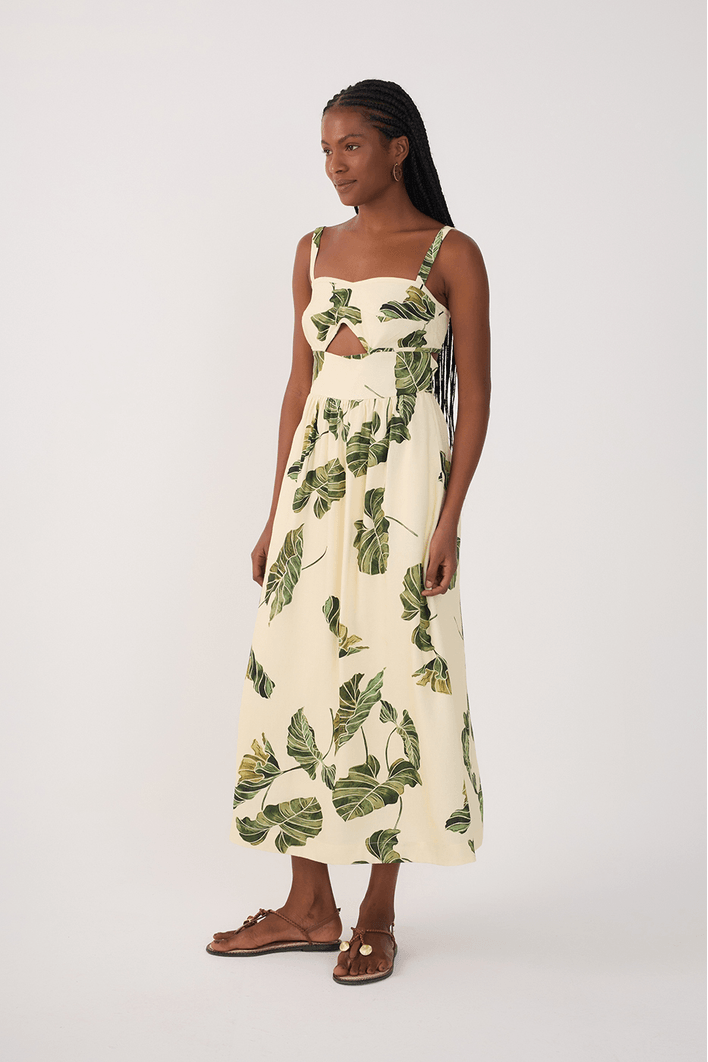 Vestido Midi Linho Estampa Folhar