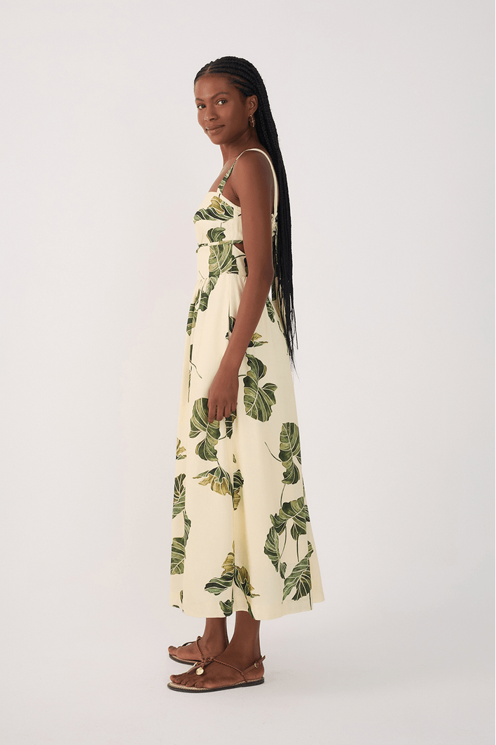 Vestido Midi Linho Estampa Folhar