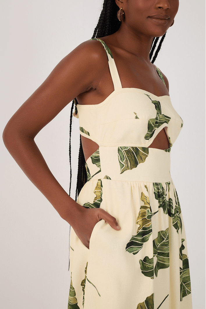 Vestido Midi Linho Estampa Folhar