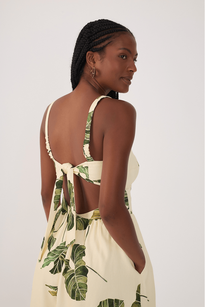 Vestido Midi Linho Estampa Folhar