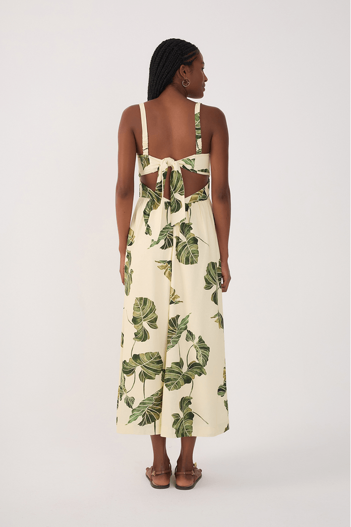 Vestido Midi Linho Estampa Folhar