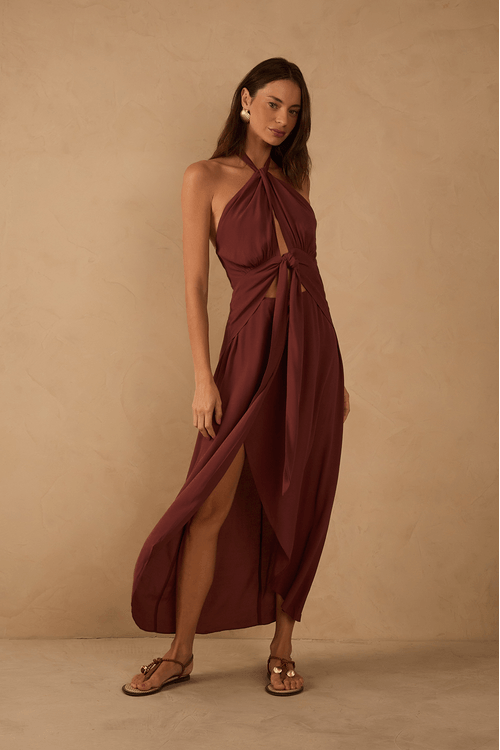 Vestido Midi Crepe Decote Torcido