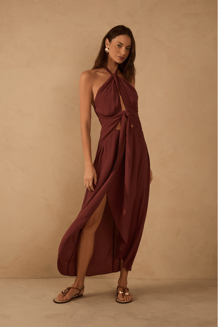 Vestido Midi Crepe Decote Torcido