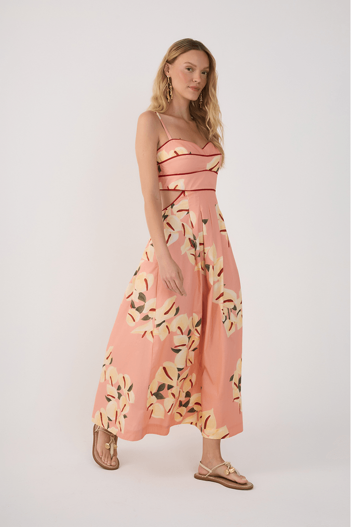 Vestido Midi Tricoline Estampa Antúrio