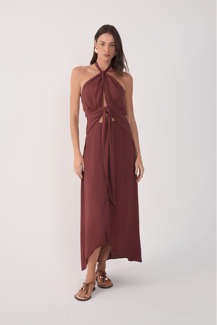Vestido Midi Crepe Decote Torcido