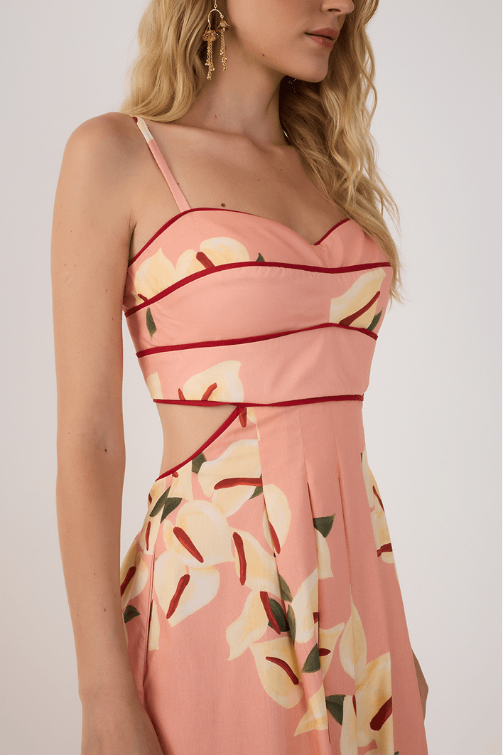 Vestido Midi Tricoline Estampa Antúrio