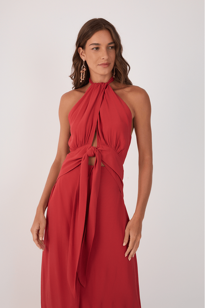 Vestido Midi Crepe Decote Torcido