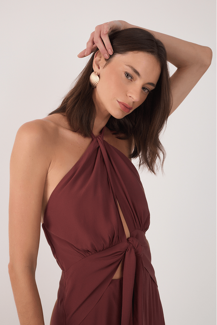 Vestido Midi Crepe Decote Torcido