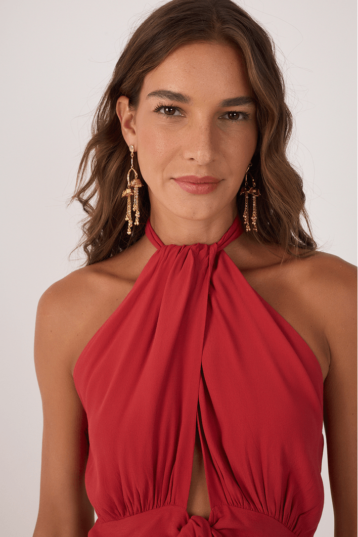Vestido Midi Crepe Decote Torcido